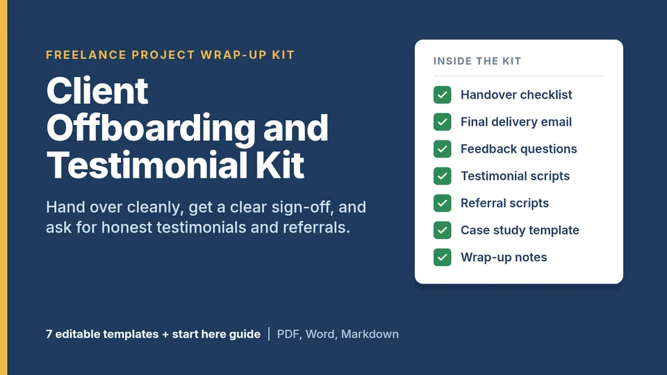 Client Offboarding and Testimonial Kit cover: Handover checklist, Final delivery email, 6 feedback questions, Testimonial request scripts
