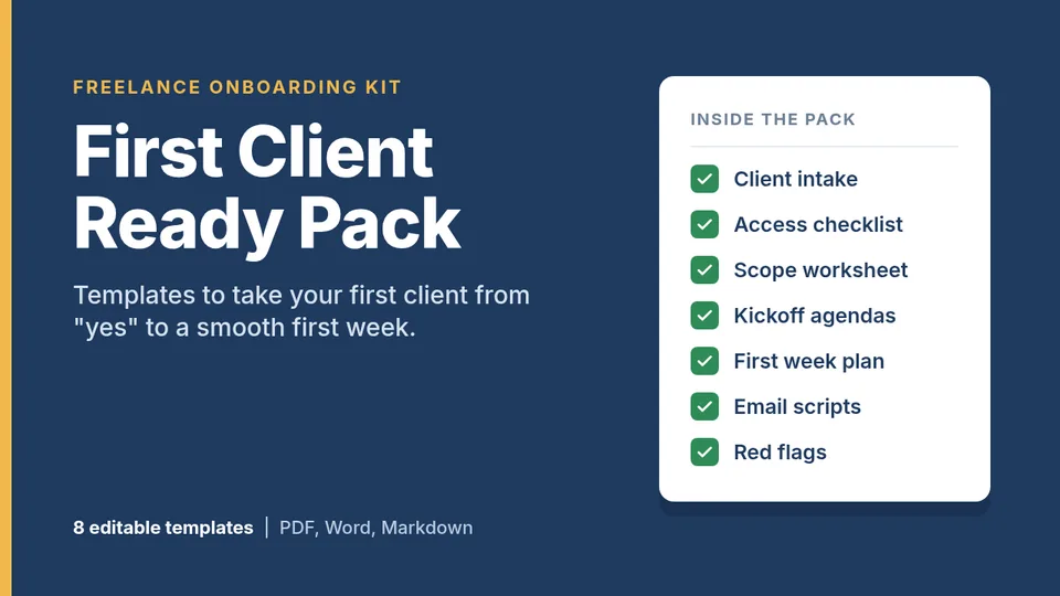 First Client Ready Pack cover: Client intake questionnaire, Access and owners checklist, Definition of done worksheet, Kickoff call agendas