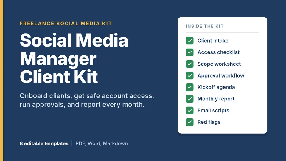 Social Media Manager Client Kit cover: Client intake, Account access checklist, Content scope worksheet, Content approval workflow